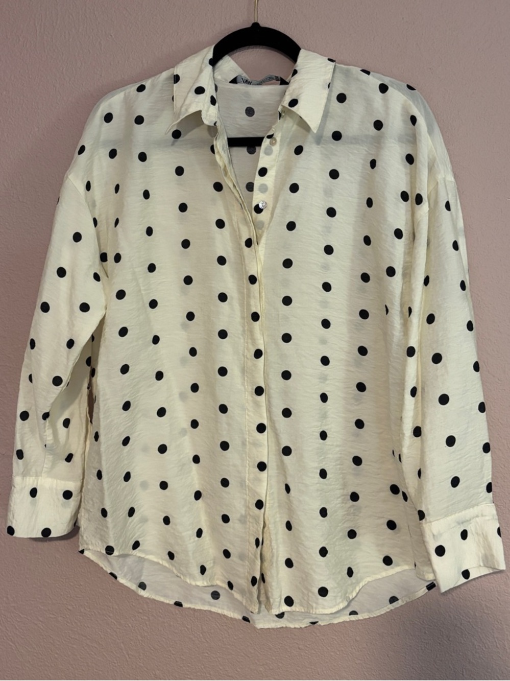 Zara Cream Button-Down Shirt with Black Polka Dots - Size Medium